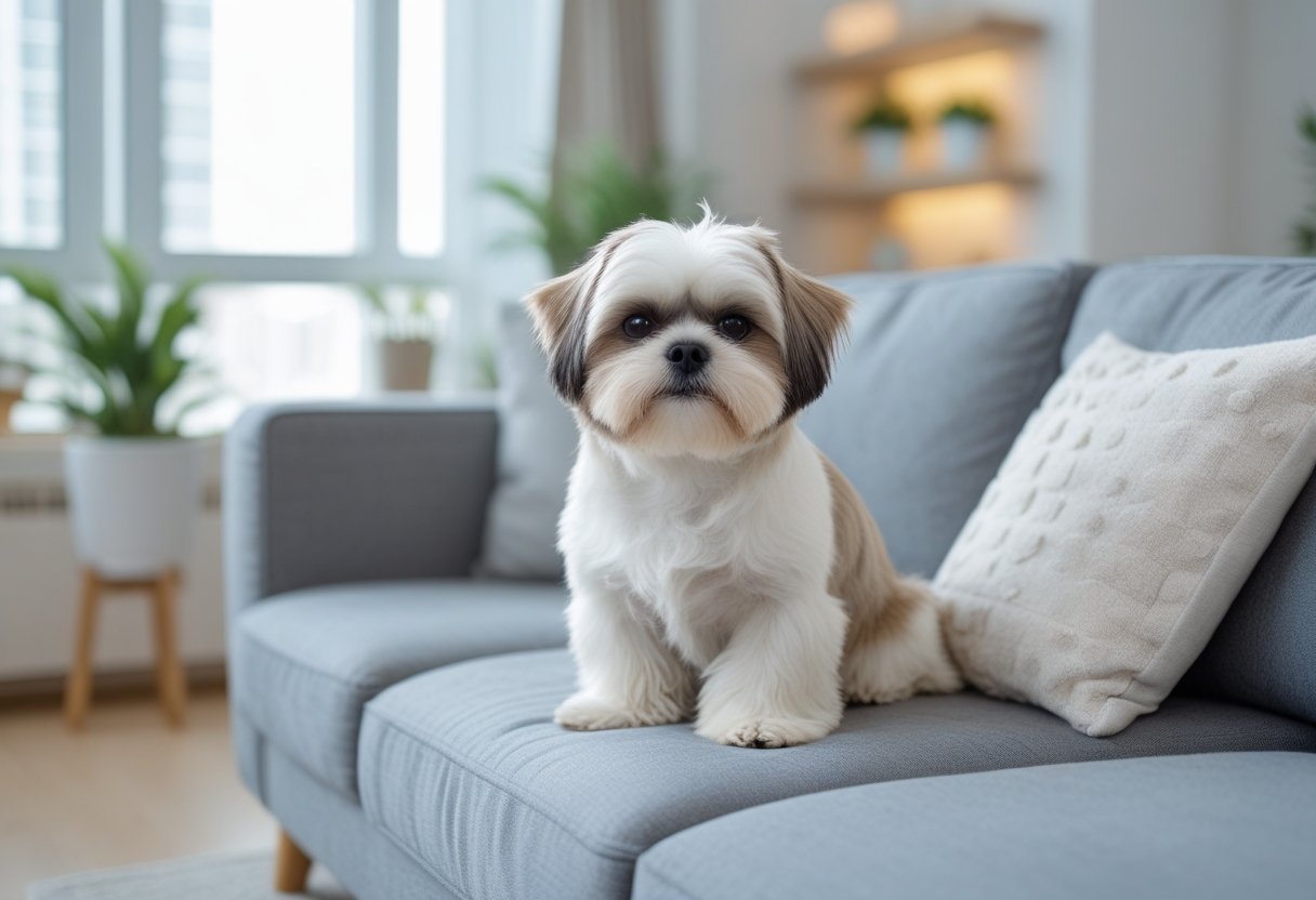 A calm Shih Tzu dog sitting on a sofa in a bright and cozy apartment living room.