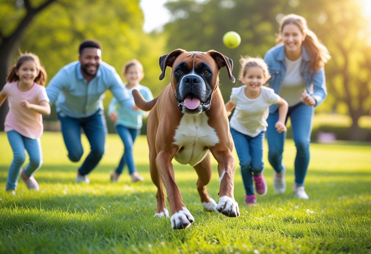 A Boxer dog playing with a family of young children in a sunny park.