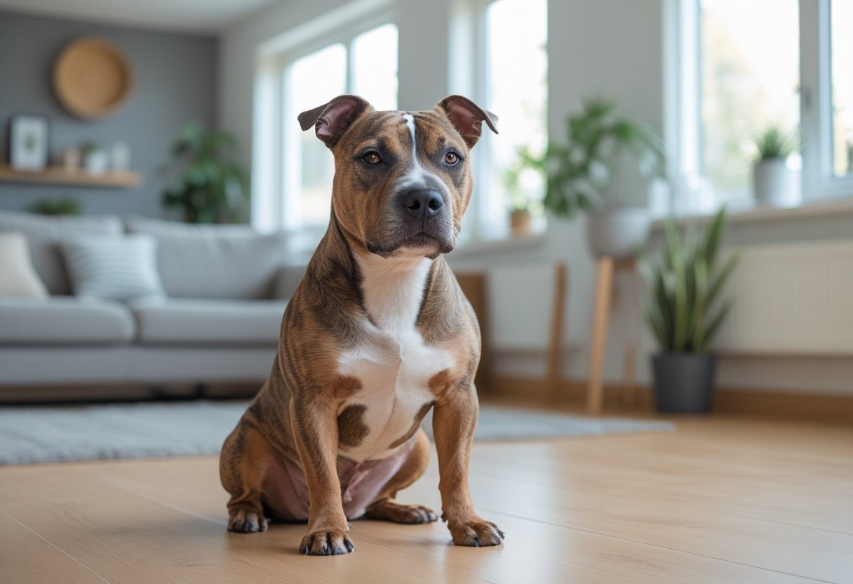 A Staffordshire Bull Terrier sitting calmly in a bright living room with natural light and home furnishings.
