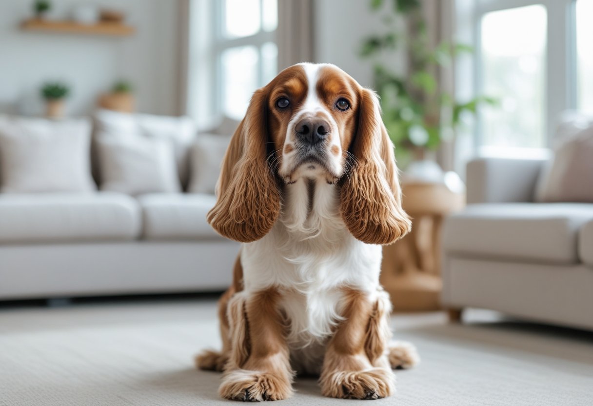 A Cocker Spaniel sitting calmly in a bright living room with natural light and cozy furniture.