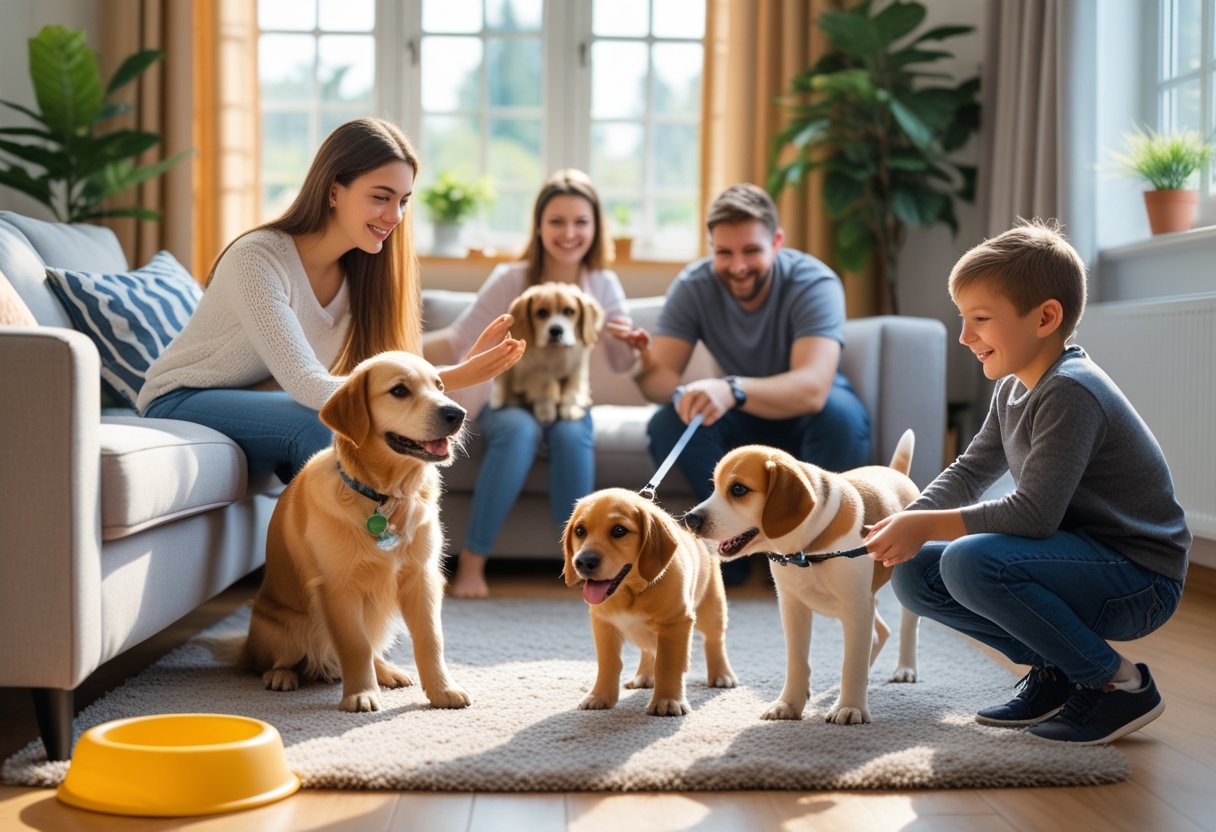 A group of first-time dog owners happily interacting with their dogs in a bright living room.