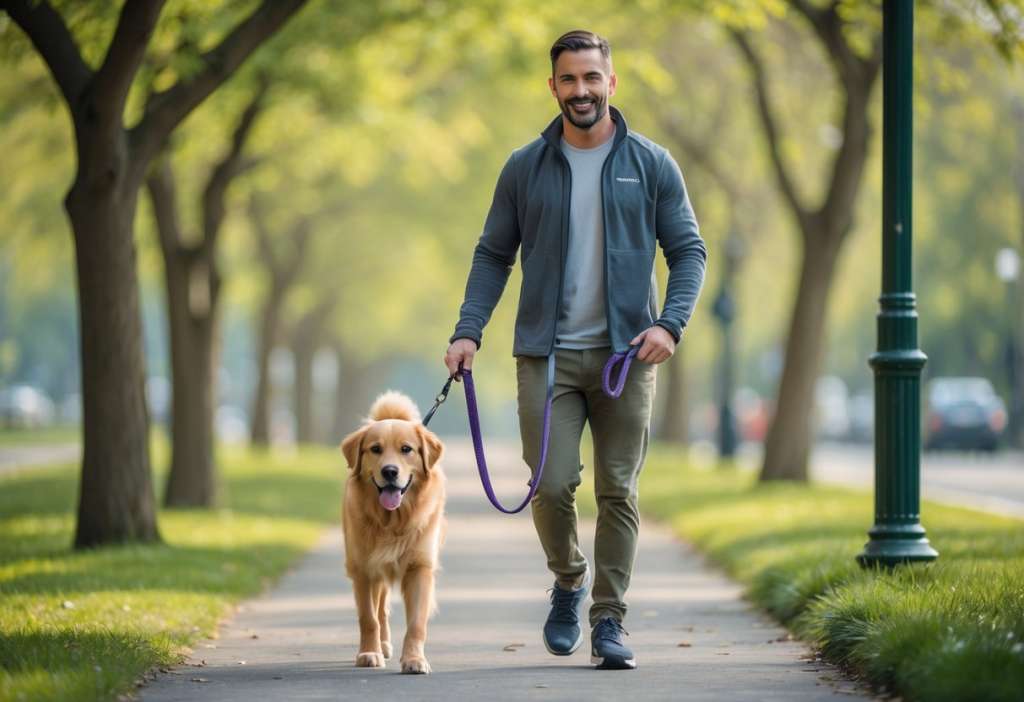 Professiona male dog walker walking a dog