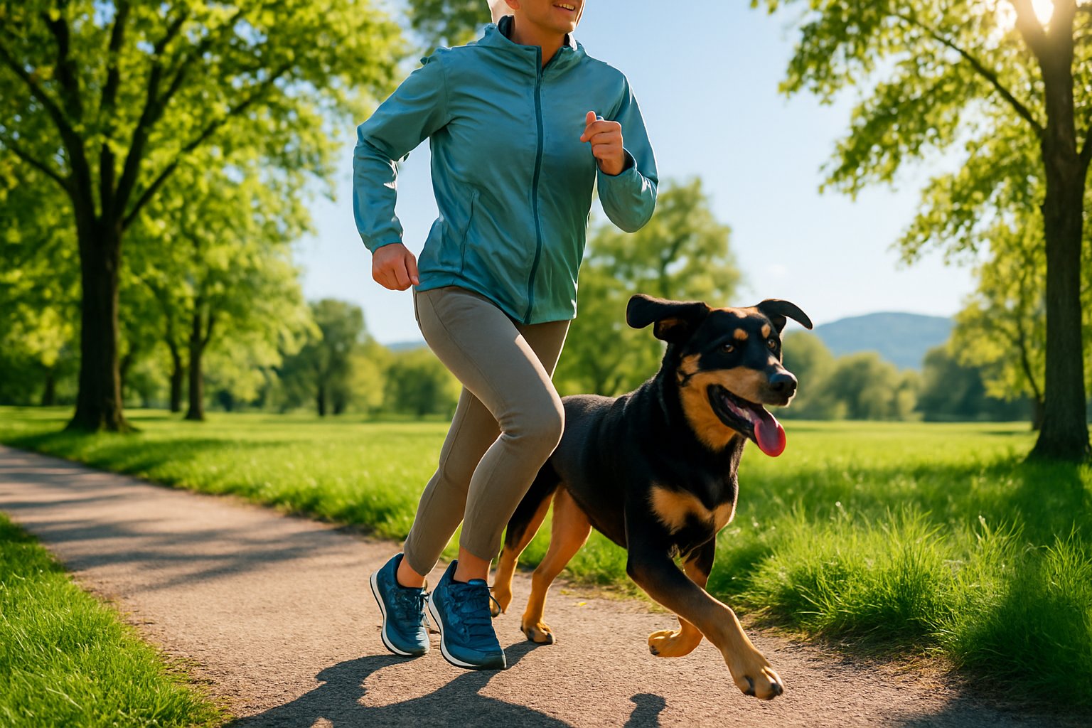 A person running outdoors on a sunny day with their dog along a green park path.