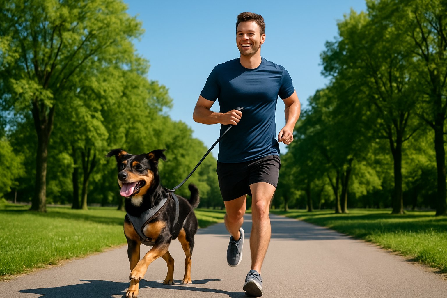 A person jogging on a park trail with their dog running beside them on a sunny day.