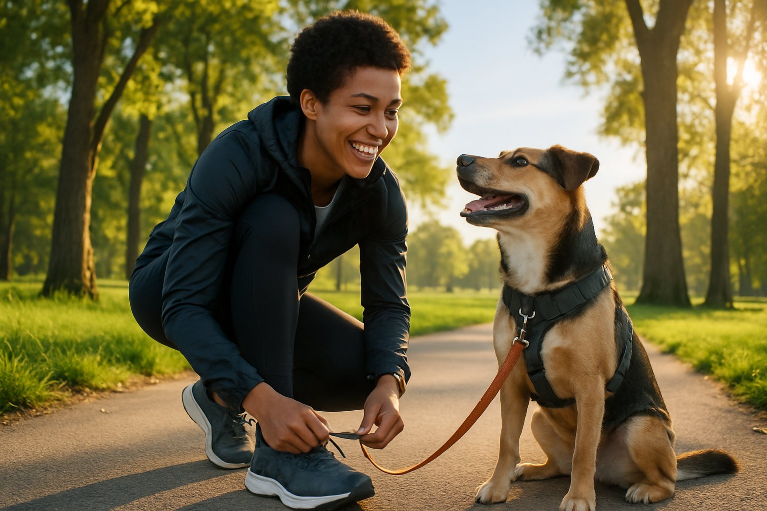 A person in running clothes tying their shoelaces on a park path while a dog wearing a harness stands beside them, surrounded by green trees and grass.