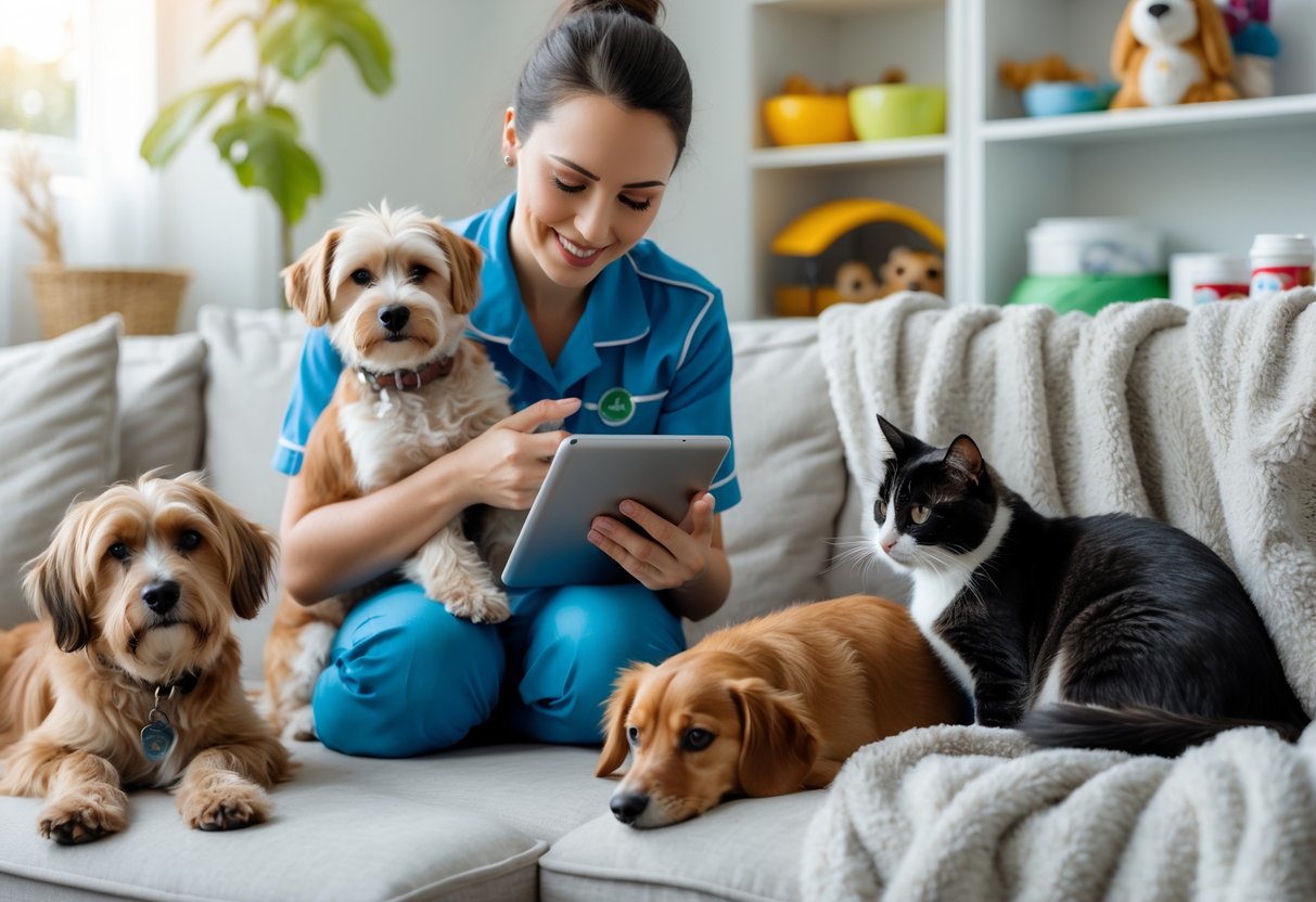 A pet sitter caring for a dog and cat inside a tidy home, checking a tablet with pet supplies visible nearby.