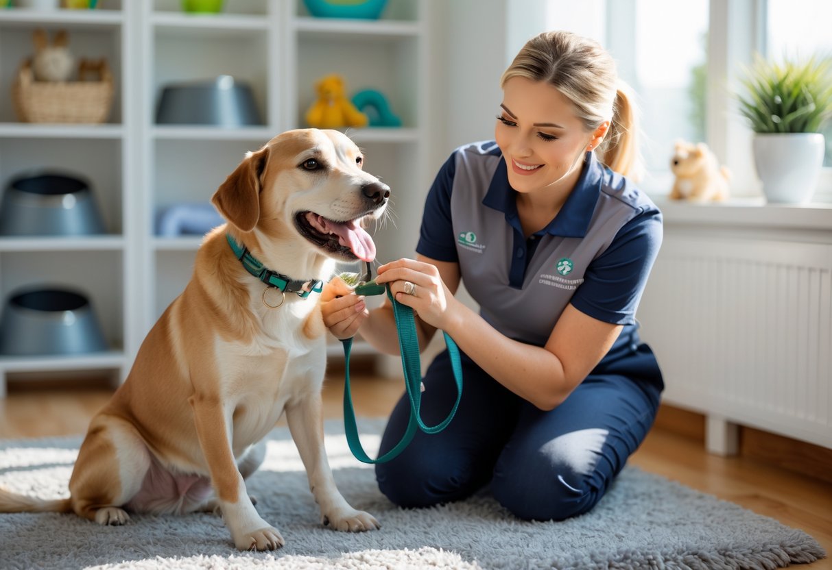A pet sitter gently checking a happy dog’s collar in a bright home with pet supplies visible in the background.