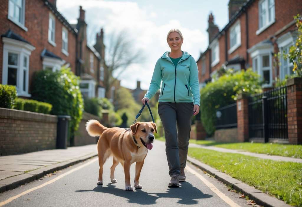 A person walking a dog on a leafy street in Sheffield with residential buildings in the background.