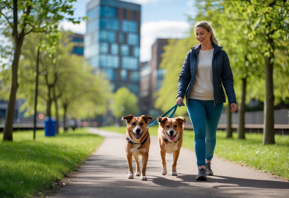 A dog walker walking a happy dog along a park path in Sheffield with city buildings and trees in the background.