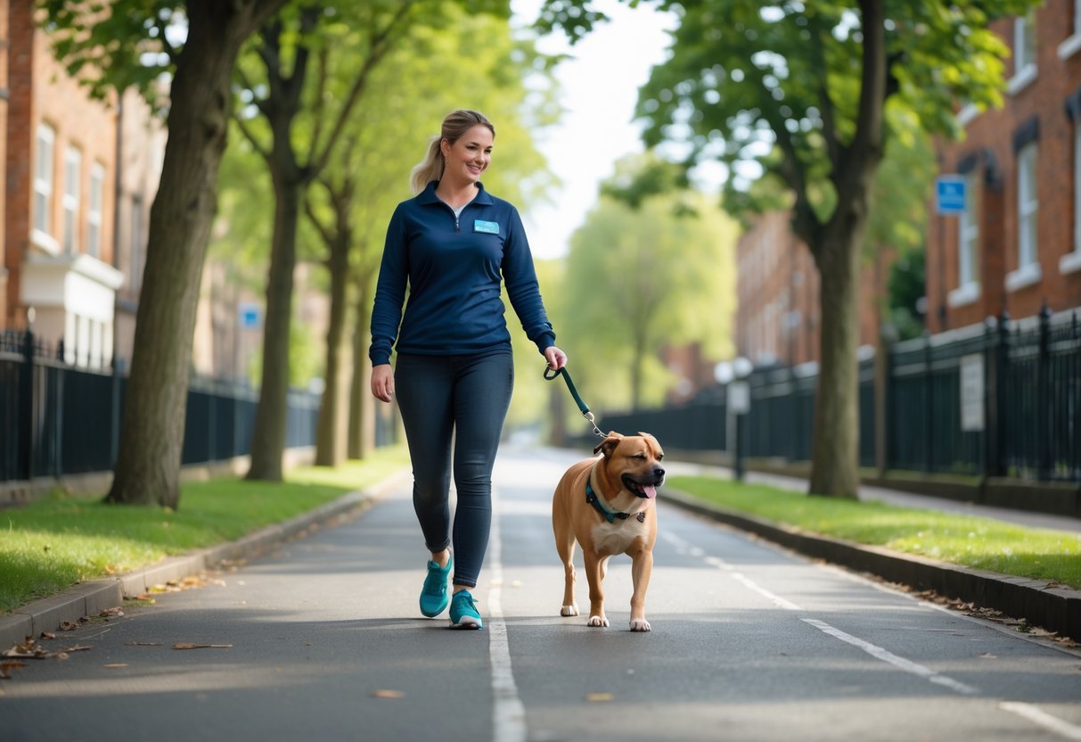 A dog walker walking a medium-sized dog on a leash along a tree-lined street with buildings in the background.