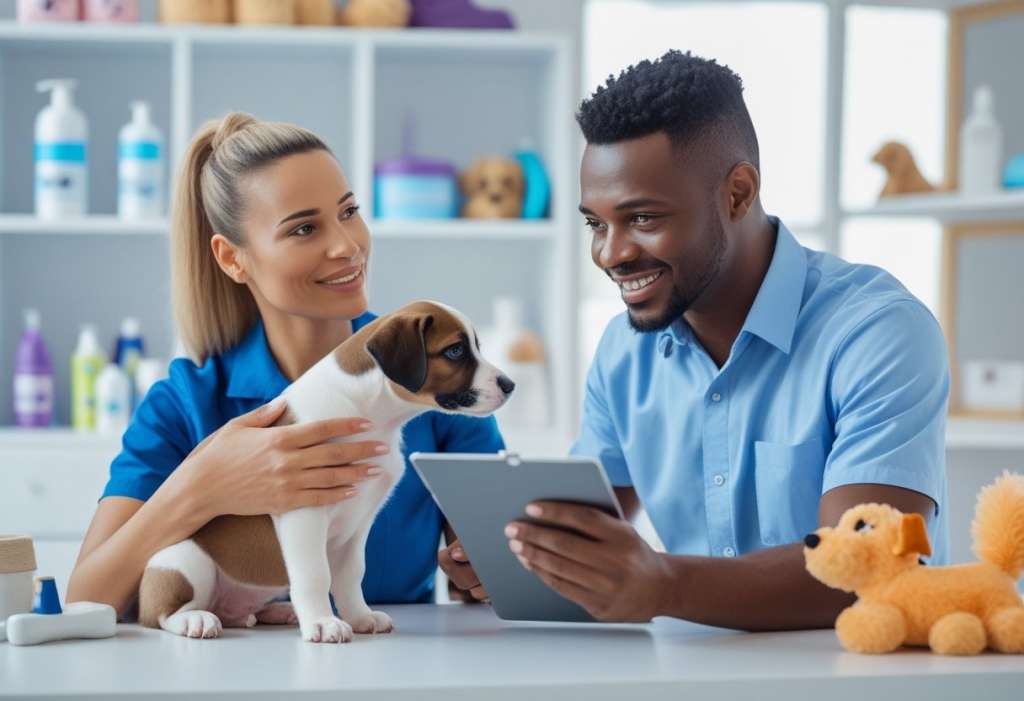 A pet owner talking with a puppy care service provider while holding a puppy in a bright room with pet supplies in the background.