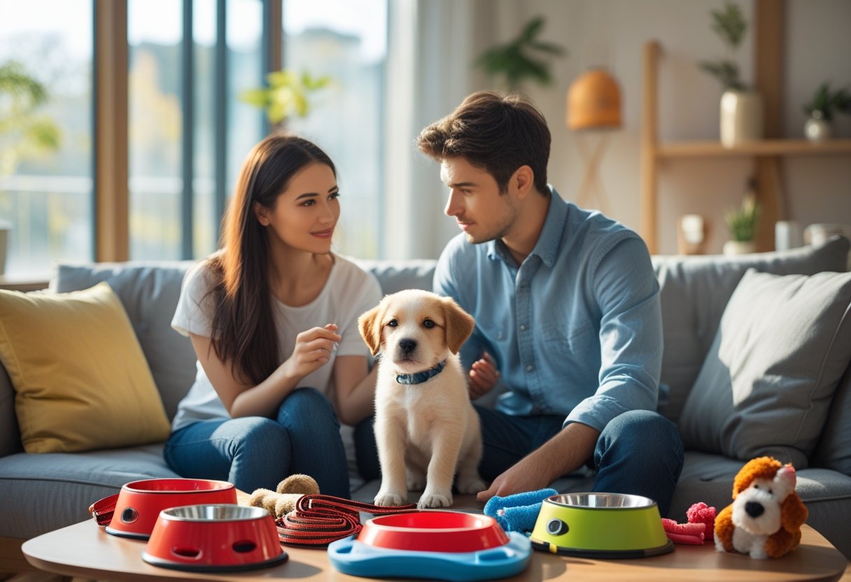 A young couple sitting in a living room with a puppy and various puppy care items, looking thoughtfully at the dog.