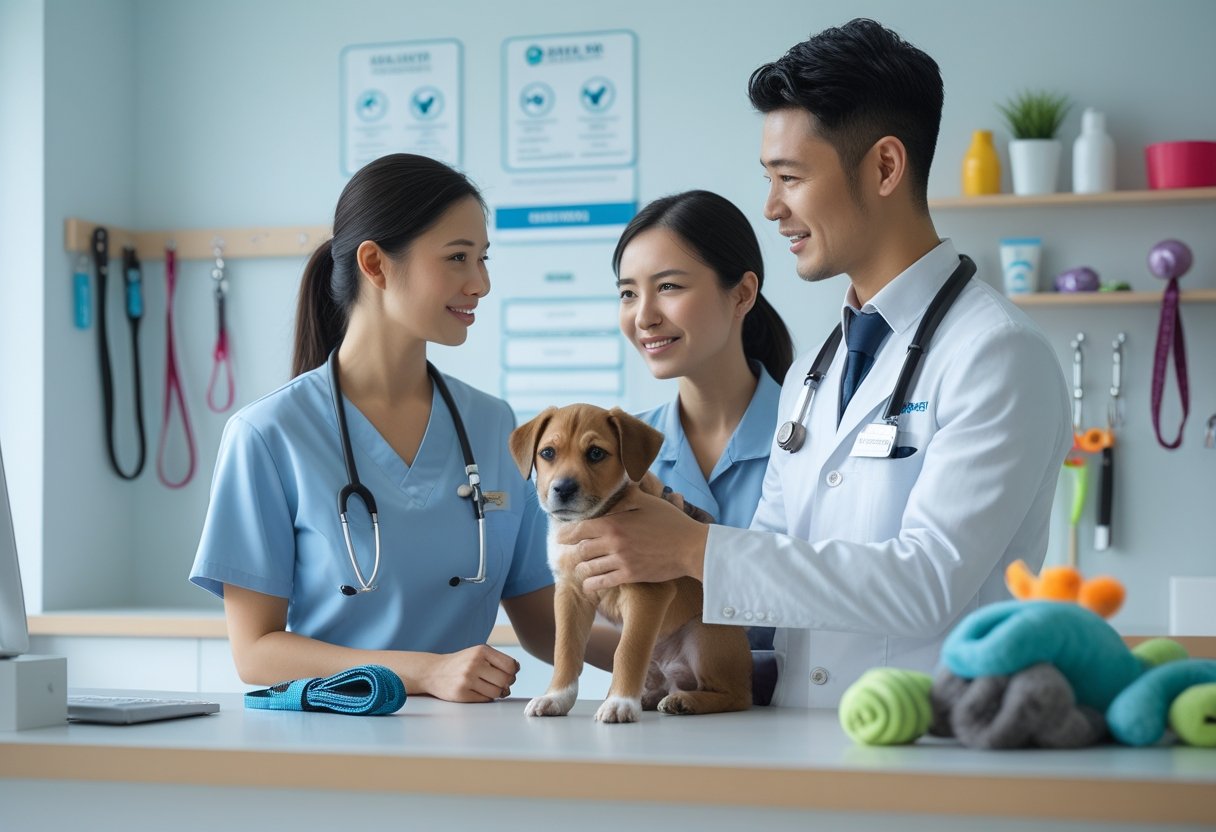 A pet care professional talks with a couple holding a puppy in a clean and organised pet care facility reception area.