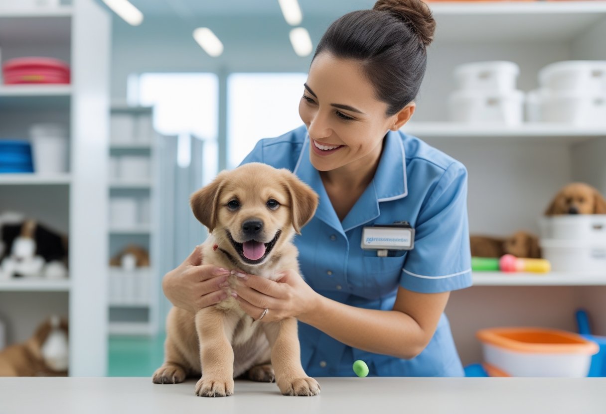 A dog care professional gently holding a happy puppy in a clean and organised puppy care facility.