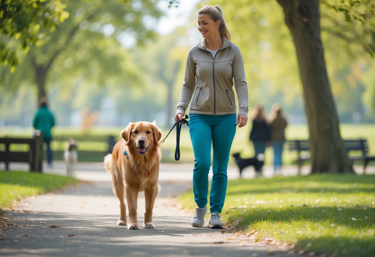 A dog walker holding a leash and walking a happy dog through a sunny park with trees and people in the background.