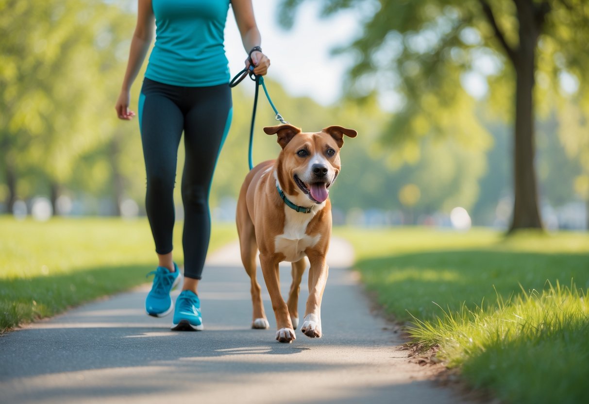 A person walking a lively dog on a path in a green park on a sunny day.