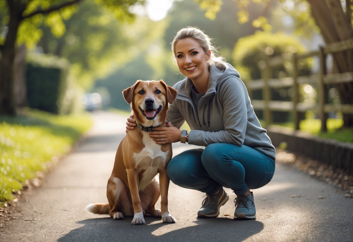 A dog walker kneeling and gently petting a relaxed dog on a leafy walking path in a suburban park.