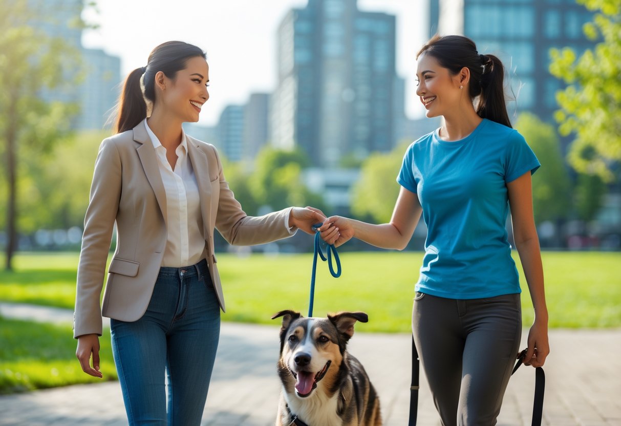 A woman handing a leash to a dog walker in a city park with a happy dog ready for a walk.