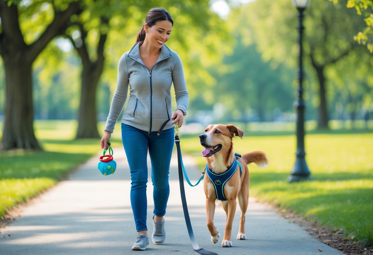 A person walking their attentive dog along a tree-lined path in a sunny park.
