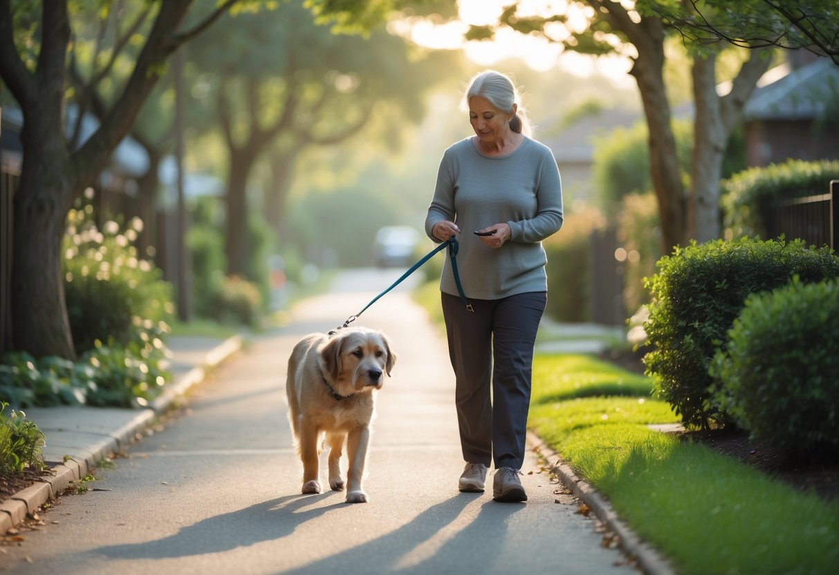 An older dog calmly walking on a quiet tree-lined path with a person holding its leash in a peaceful suburban setting.