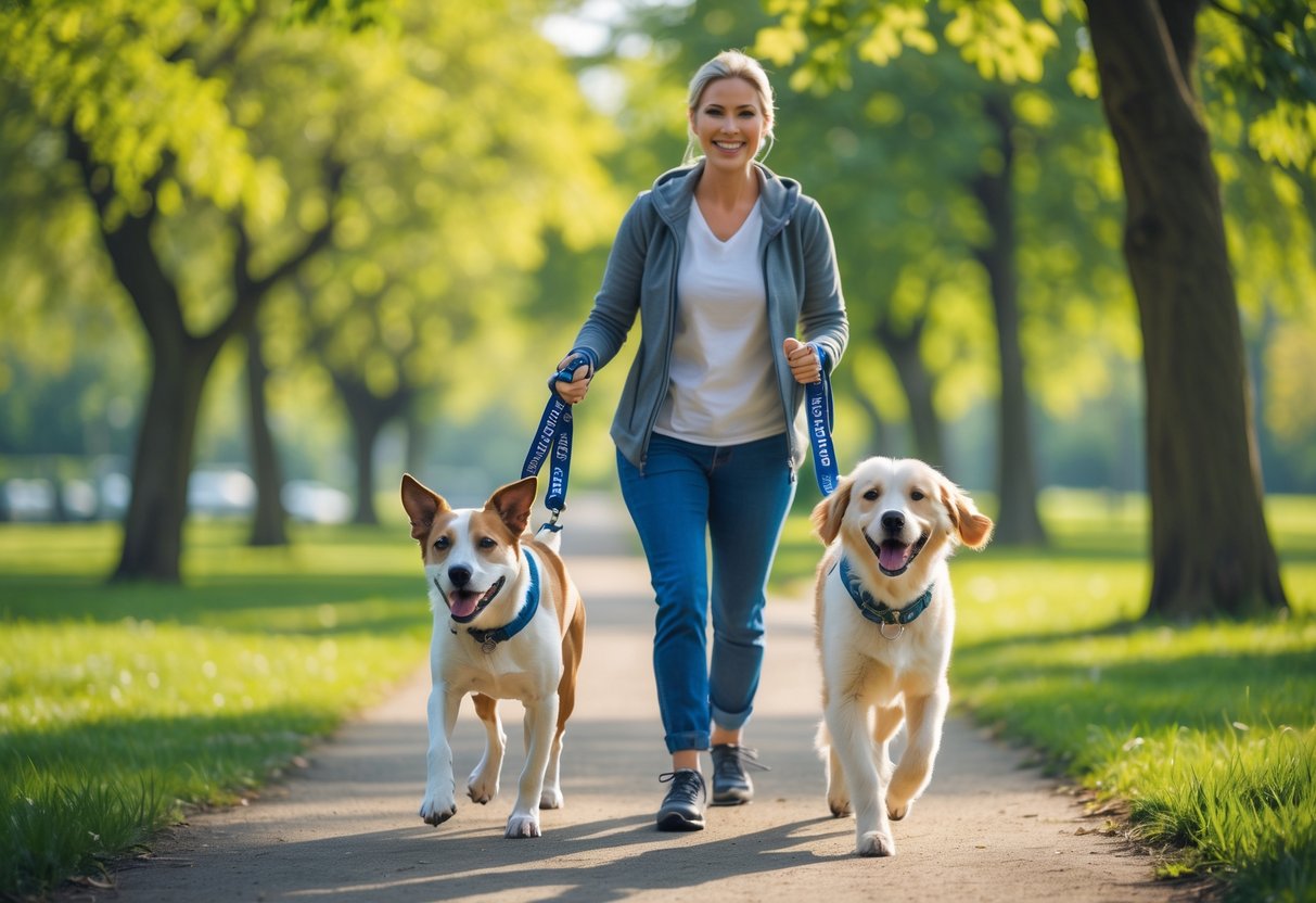 Two dogs walking happily together with their owner on a green park path surrounded by trees.