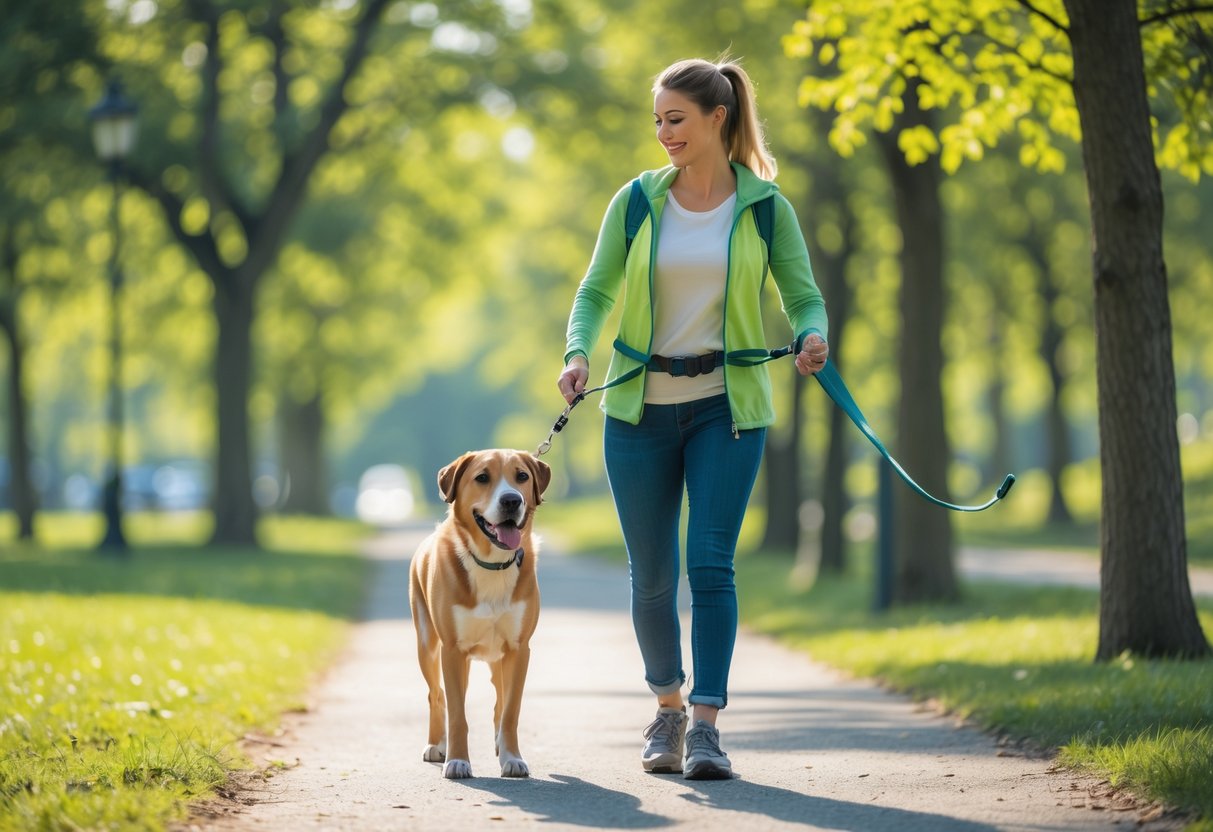 A dog walker smiling at a happy dog on a leash in a green park on a sunny day.