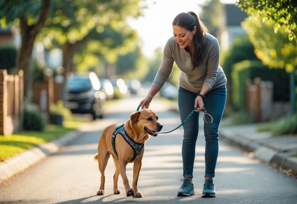 A dog walker smiling while holding a leash and gently interacting with a calm dog on a suburban street with trees and houses in the background.