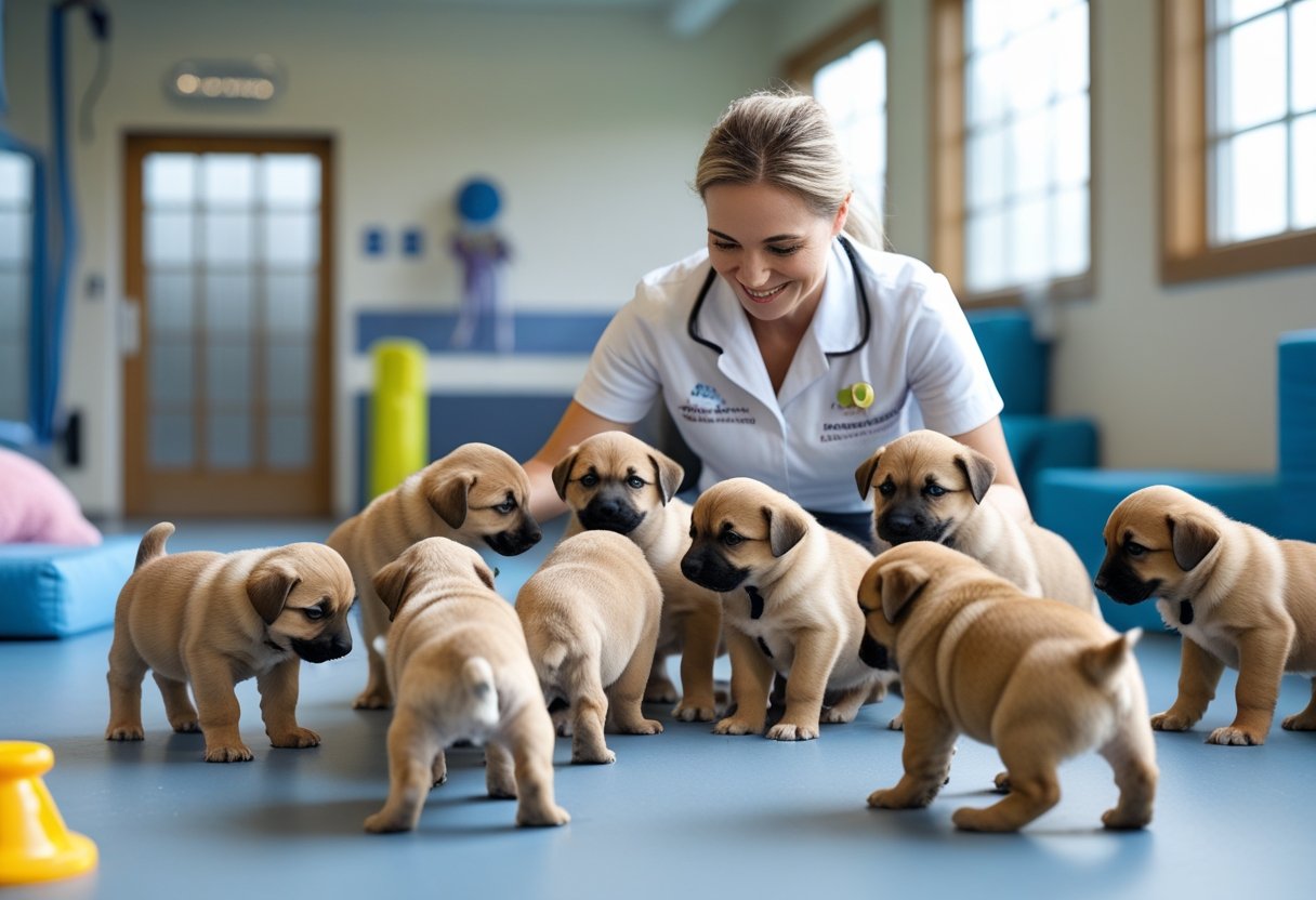 A dog care specialist gently interacting with several young puppies in a bright indoor space designed for puppy care.