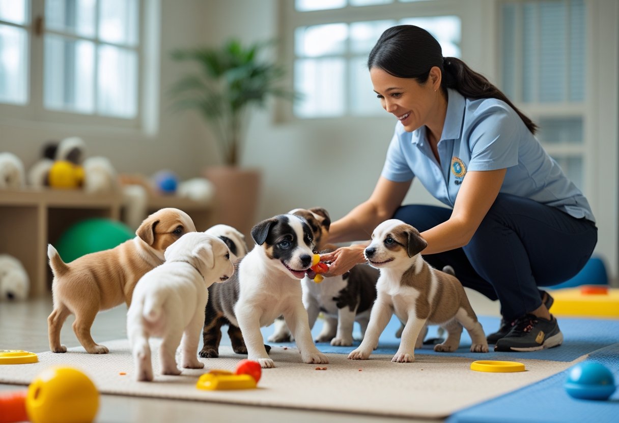 A dog trainer gently guiding a group of young puppies playing with toys in a bright, calm indoor space.