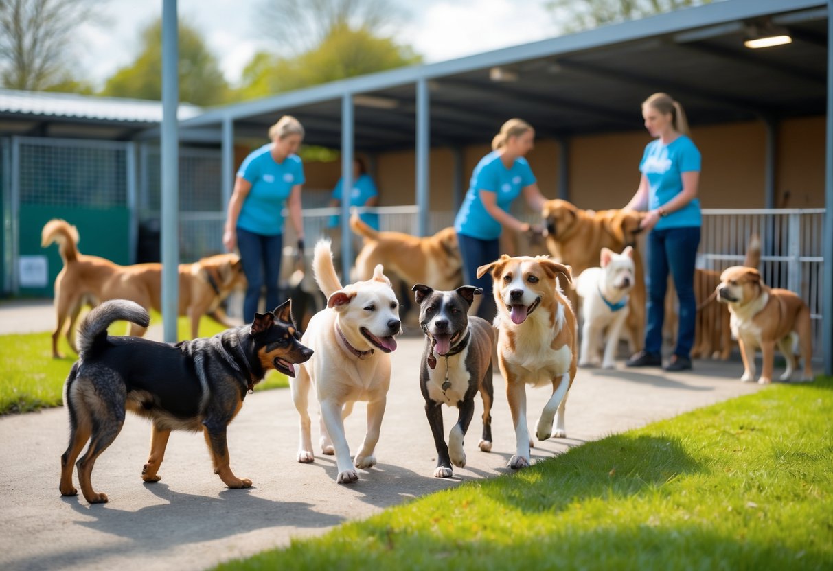 Several dogs playing and resting outdoors at a dog rescue centre with volunteers caring for them.