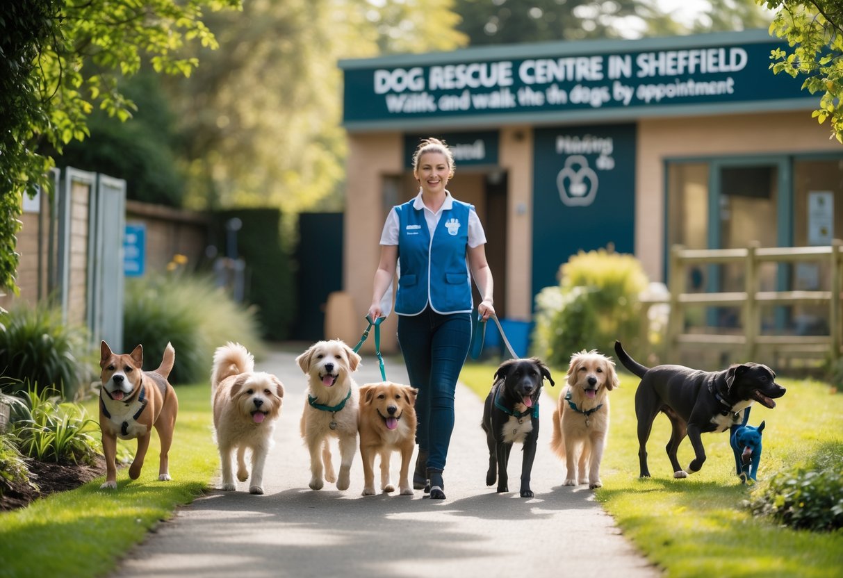 A volunteer walking several dogs of different breeds on leashes outside a dog rescue centre in Sheffield.