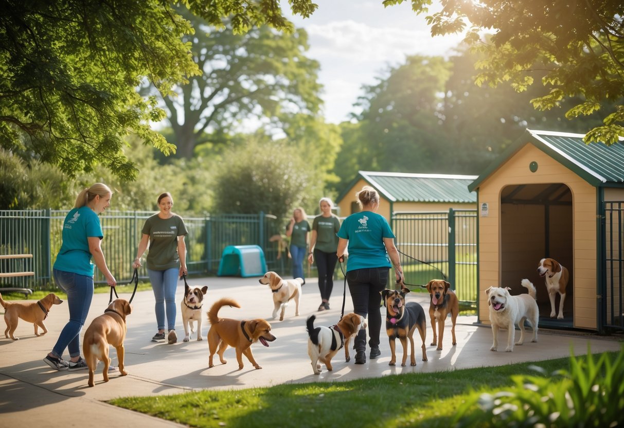 A group of dogs playing outside at an animal sanctuary with volunteers caring for them in a green, sunny area.