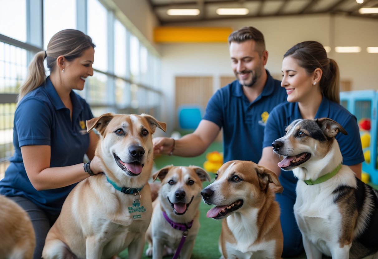 Staff members caring for friendly dogs inside a bright and clean dog rescue centre.