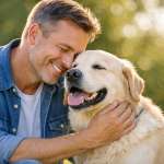 dogs owner loving his Golden Retriever