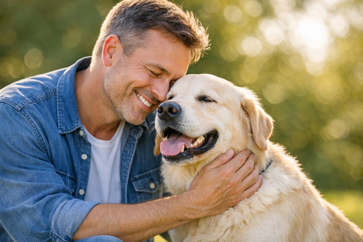 dogs owner loving his Golden Retriever