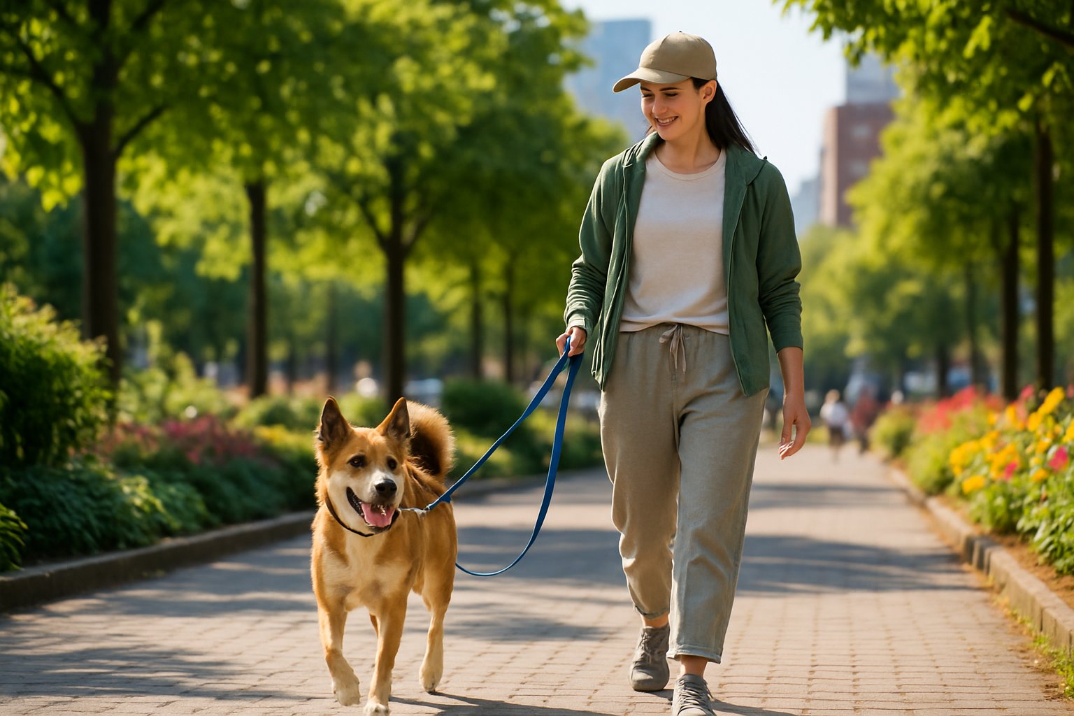 A woman walking a dog on a leash along a tree-lined park path with city buildings in the background.