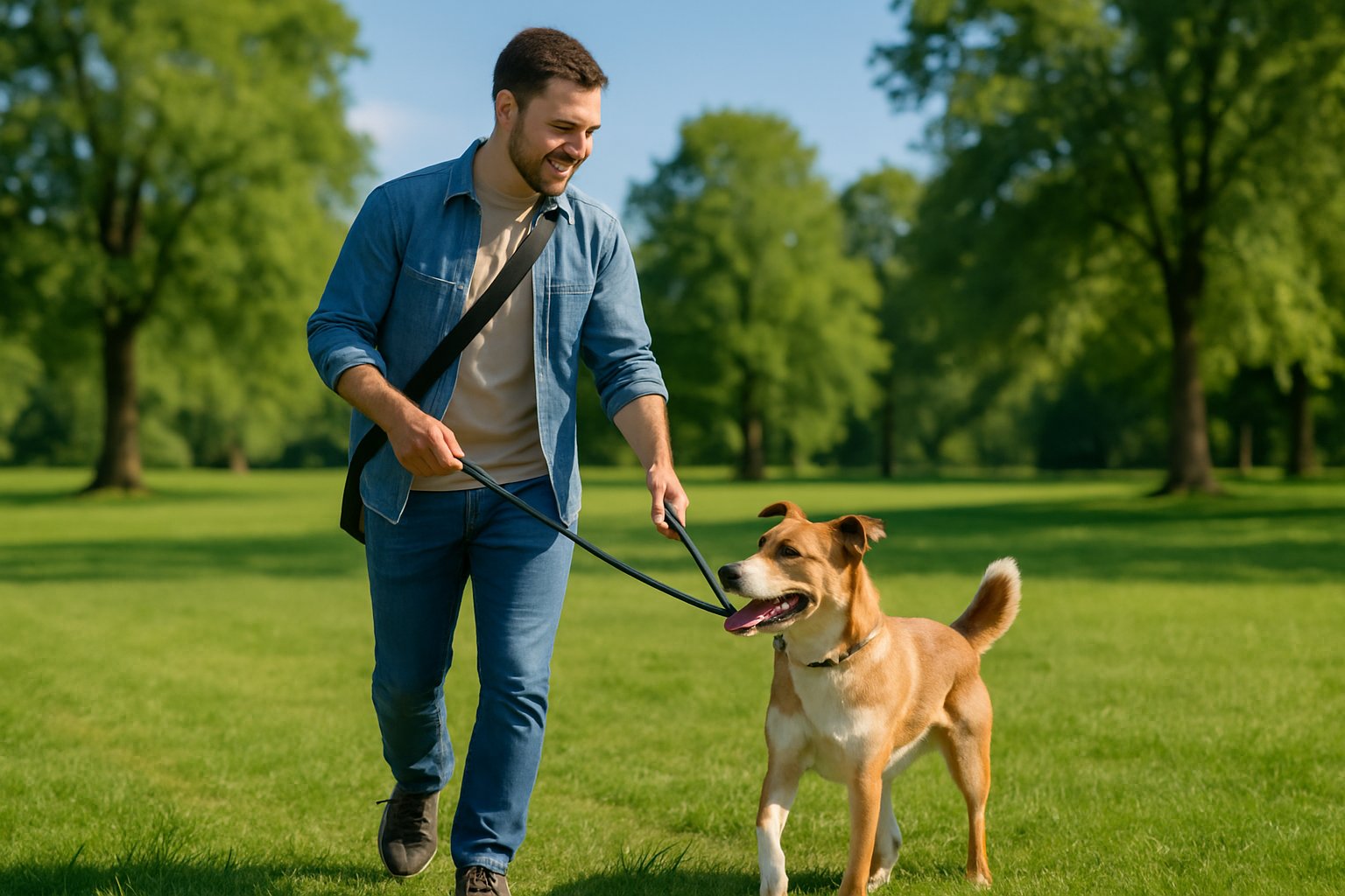 A dog walker attentively walking a happy dog on a leash in a sunny park with green grass and trees.