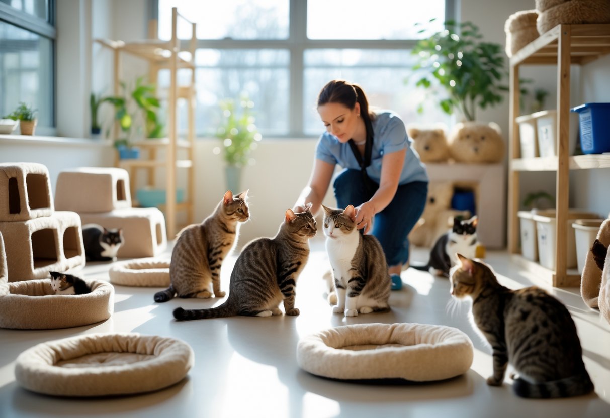 A variety of cats resting and playing in a bright, clean indoor cat rescue centre with a volunteer gently petting one of the cats.