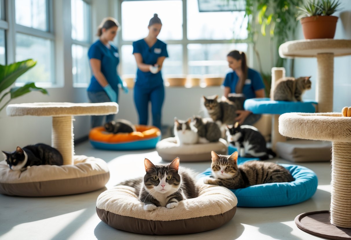 Indoor cat shelter with several cats resting and playing while staff members care for them.