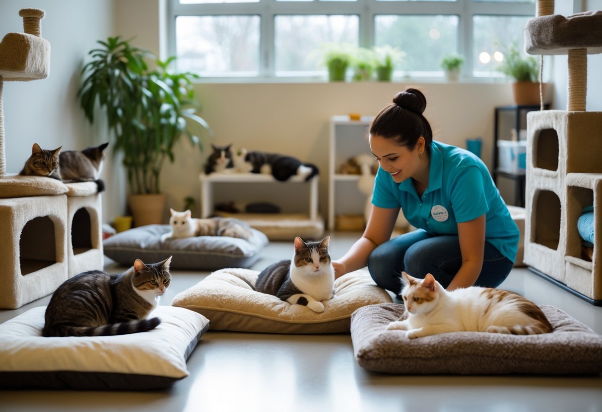 Indoor scene of a small cat rescue with several cats resting on cushions and a volunteer gently interacting with a cat in a bright, cosy room.