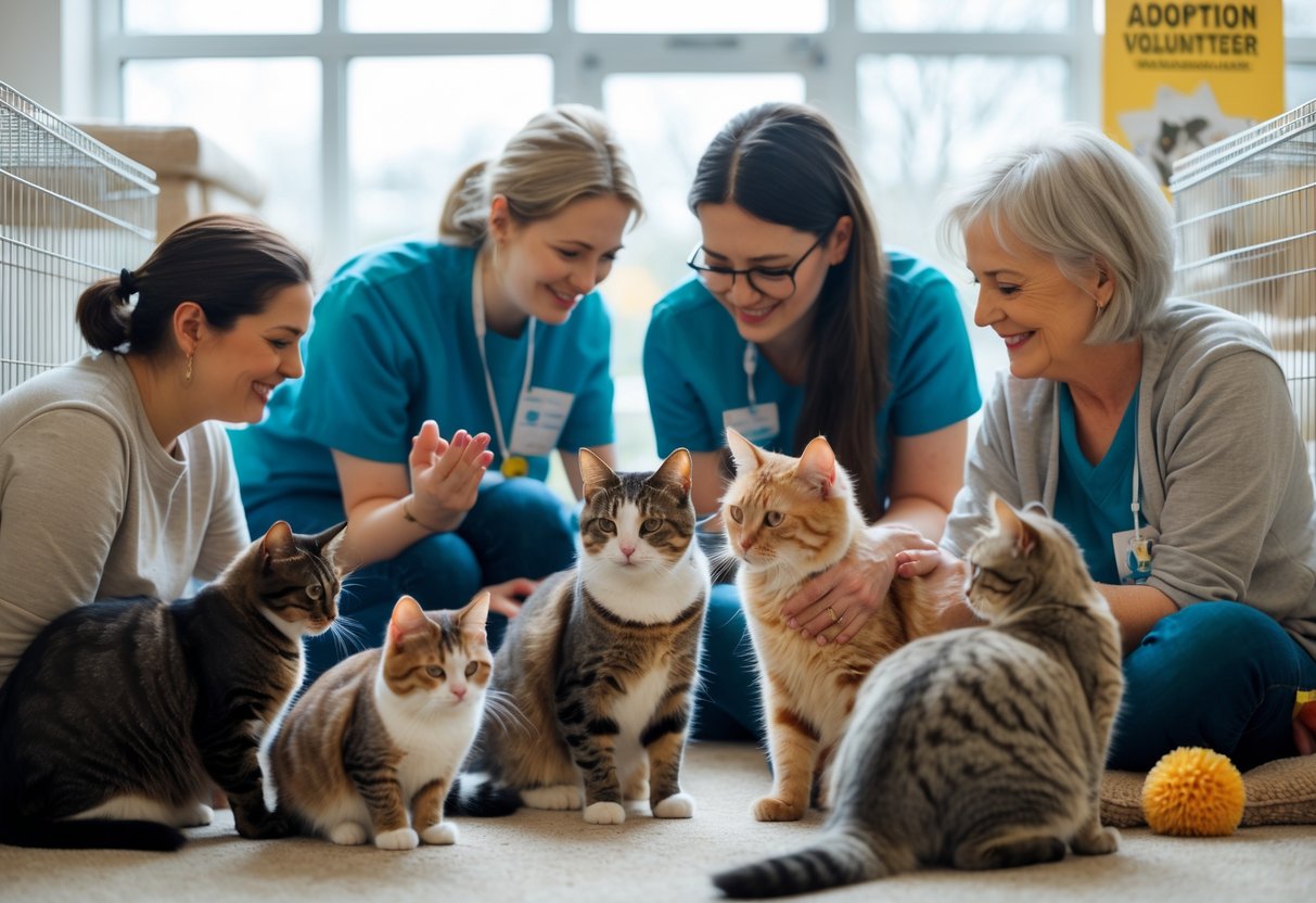 Volunteers interacting with several cats in a bright and clean indoor cat rescue centre.