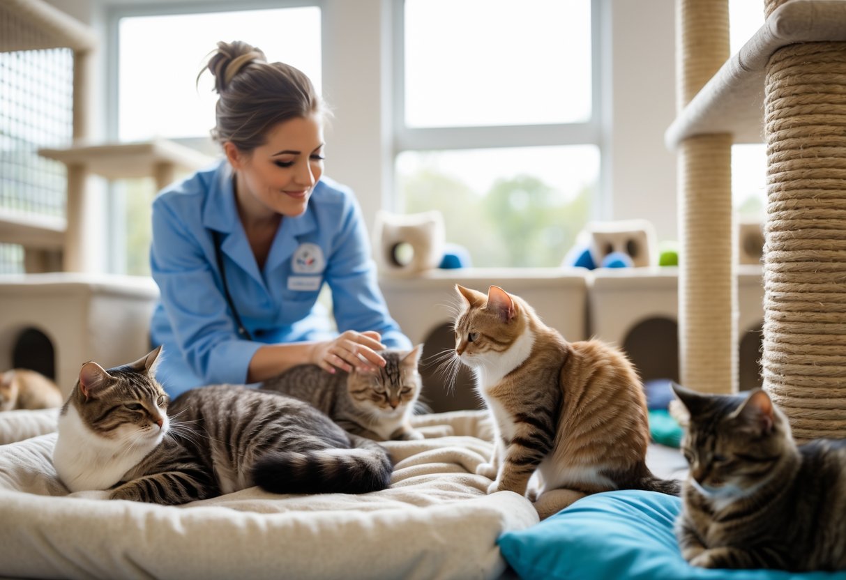 A caretaker gently interacts with several calm cats resting in a bright, clean indoor animal sanctuary.