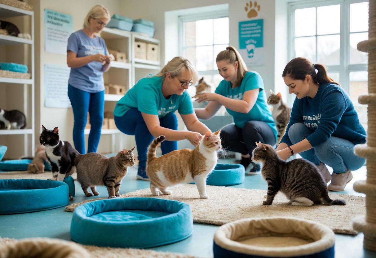 Volunteers caring for cats in a bright indoor cat rescue centre with beds and toys.