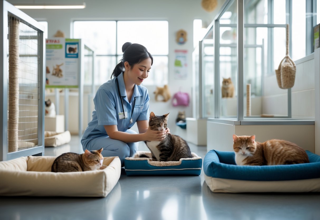 A shelter worker gently interacting with cats in a bright, clean animal centre with cats resting and playing in comfortable enclosures.