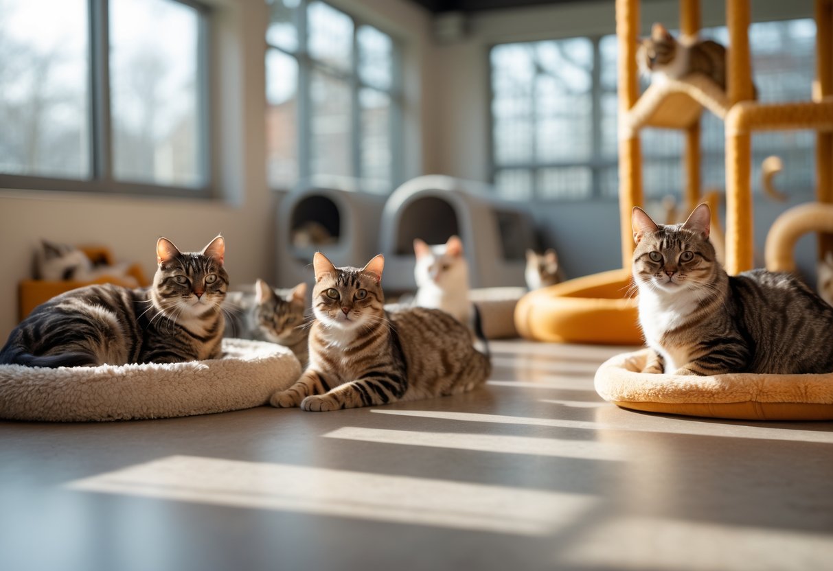 Several cats resting and playing in a bright, clean indoor cat rescue centre.