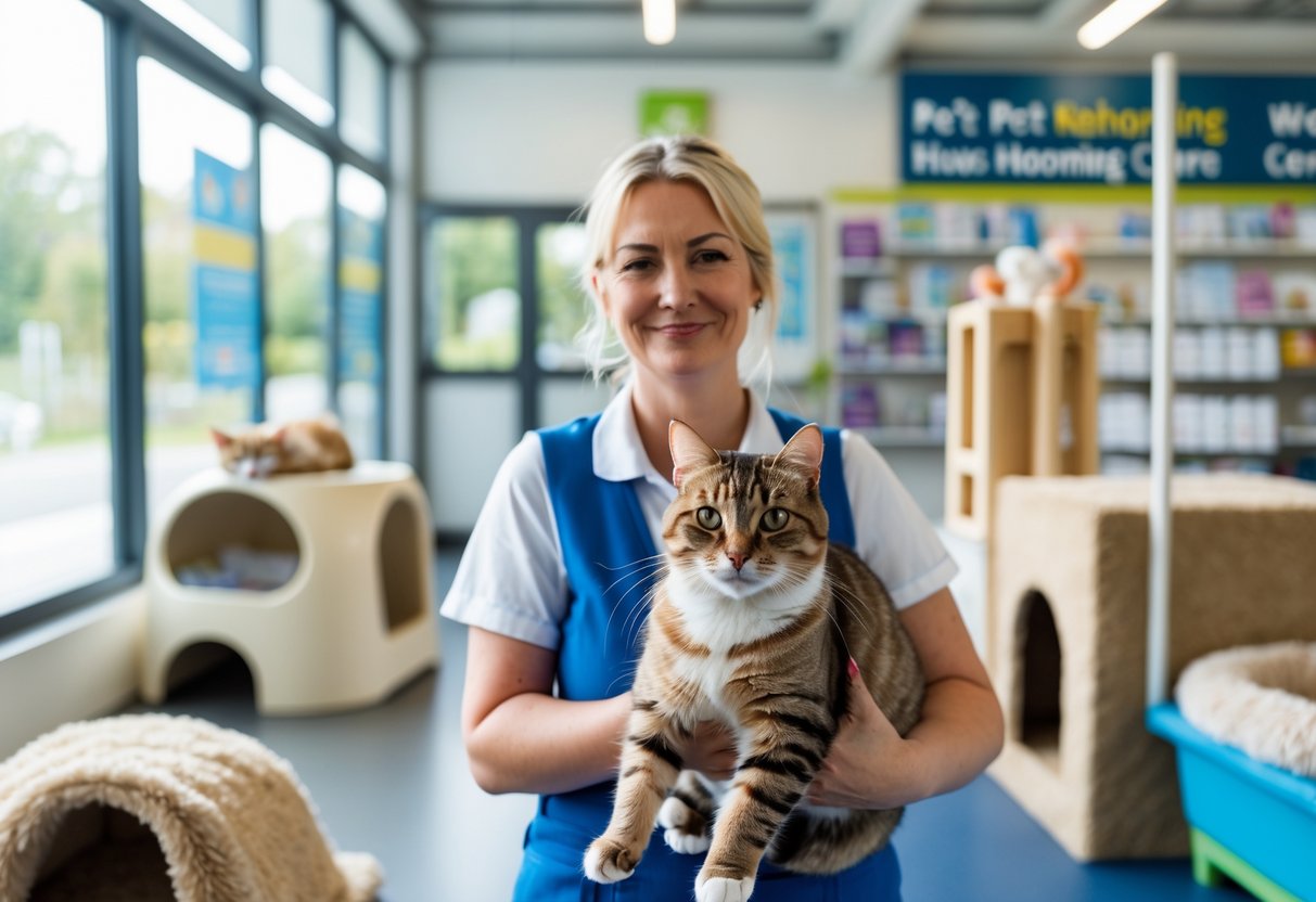 A volunteer gently holding a domestic cat inside a bright pet rehoming centre with cat furniture and pet supplies in the background.