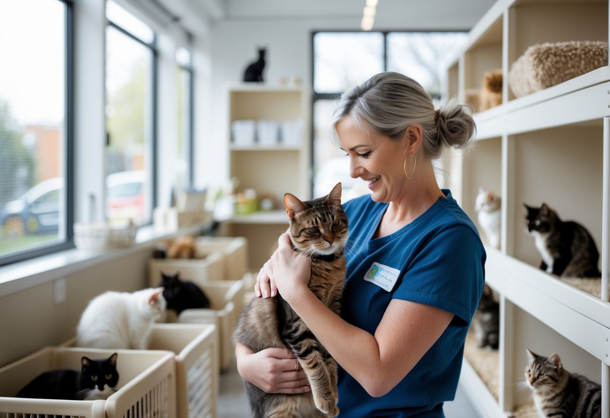 A volunteer gently holding and petting a cat inside a clean and well-lit cat rescue centre with several cats nearby.