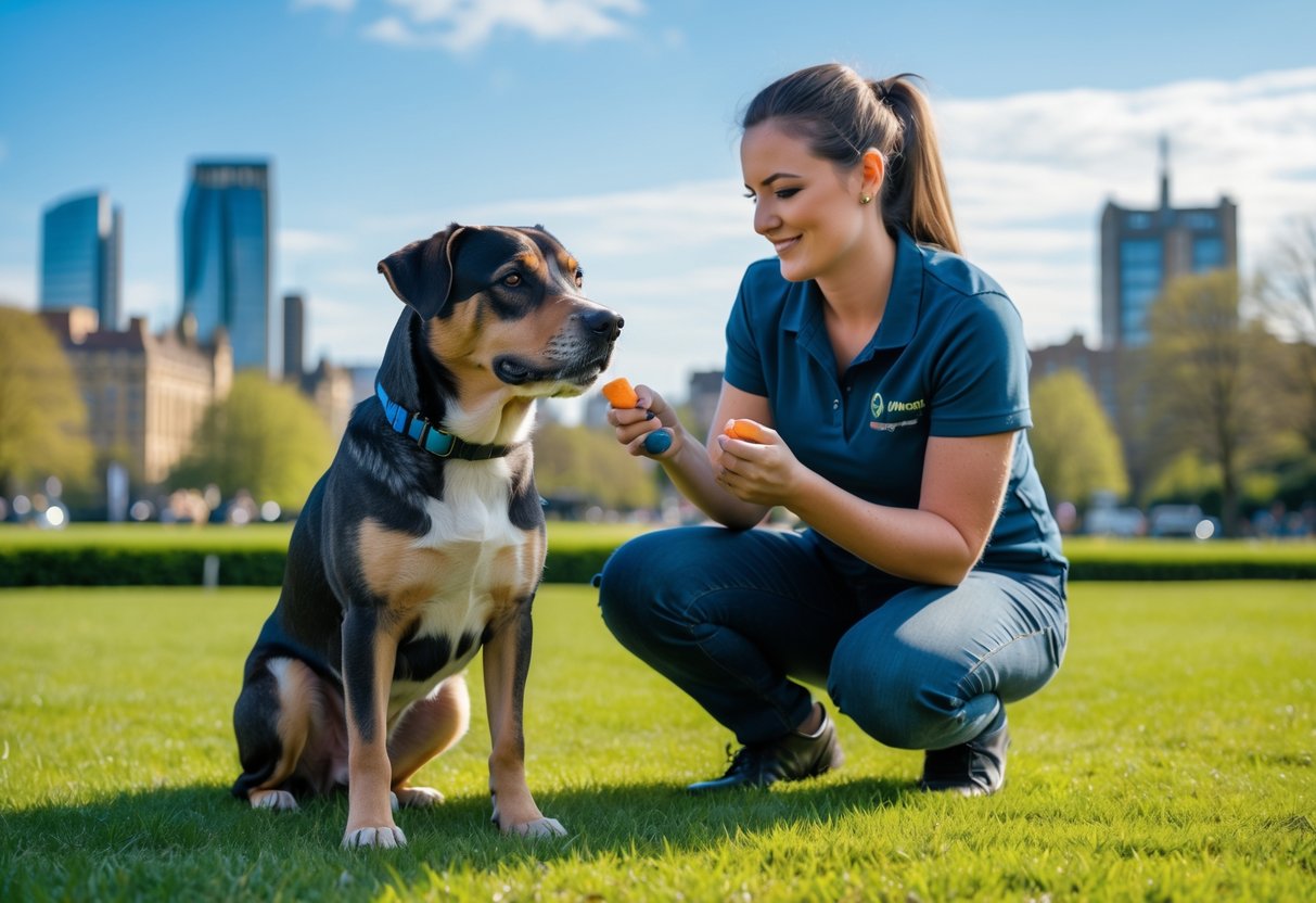 A dog trainer kneeling beside an attentive dog in a green park with city buildings in the background.
