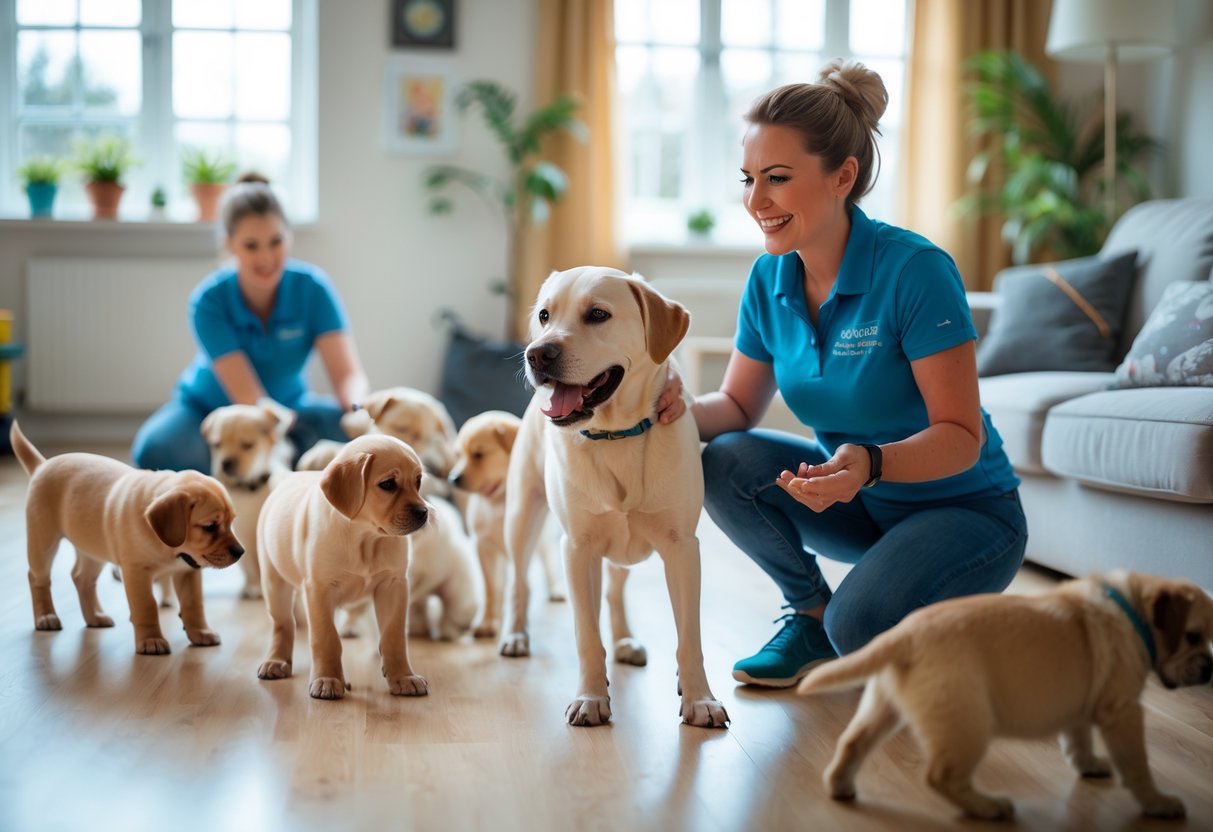 A dog trainer working one-on-one with a medium-sized dog in a bright living room while a small group of puppies attend a class in the background.