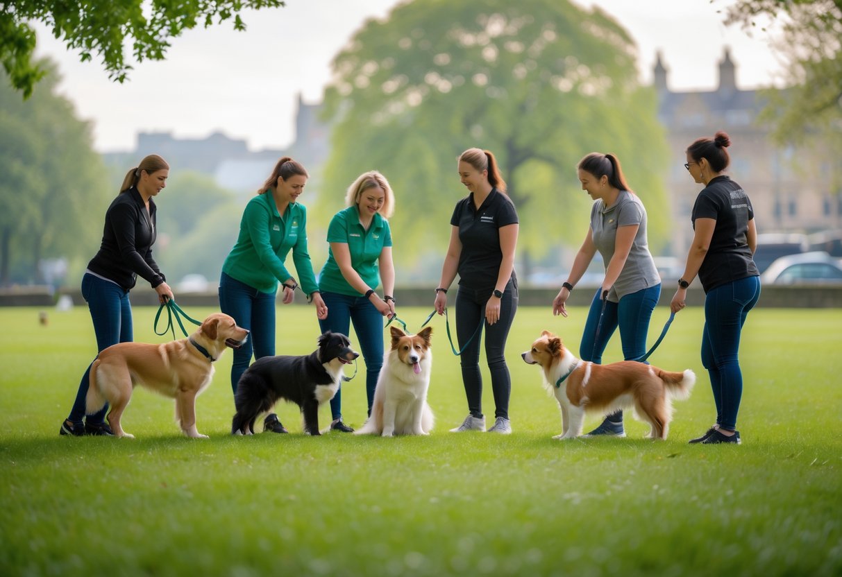People and their dogs participating in a gentle training session outdoors in a green park.